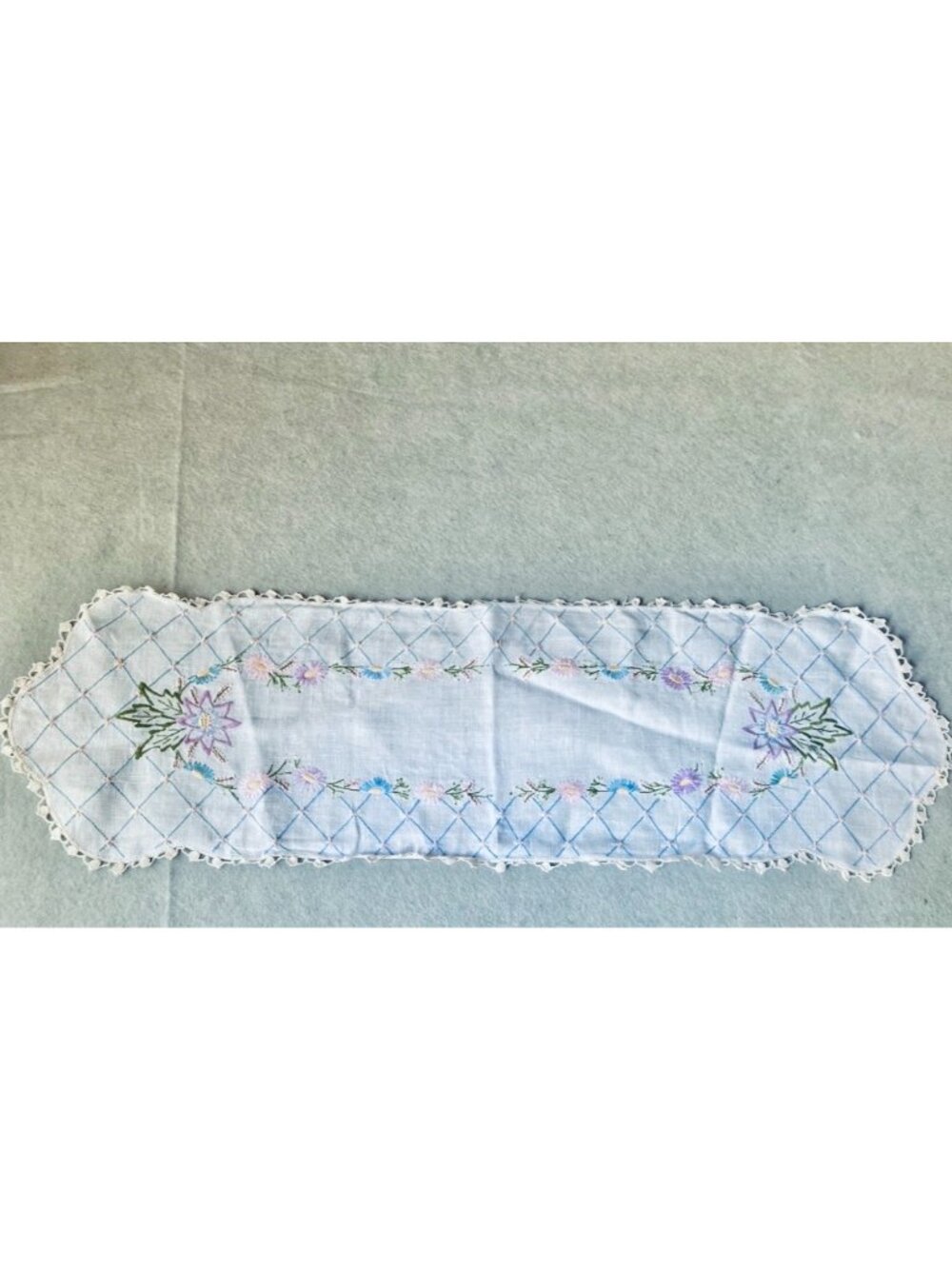 Vintage Hand-Embroidered Linen Dresser Scarf With Crocheted Edges & Floral Desig